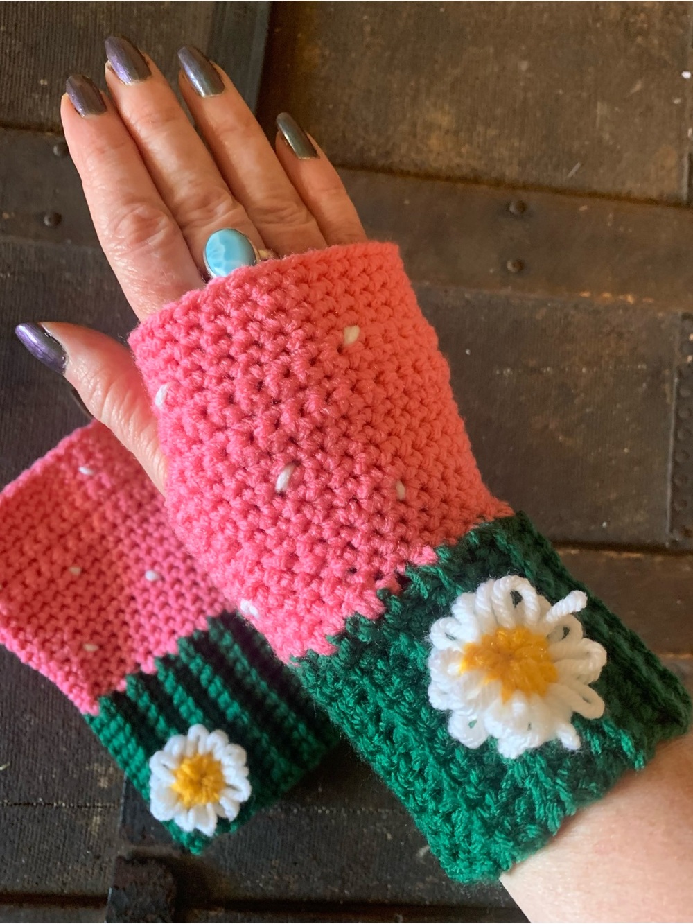 Pink and Green Strawberry Fingerless Gloves